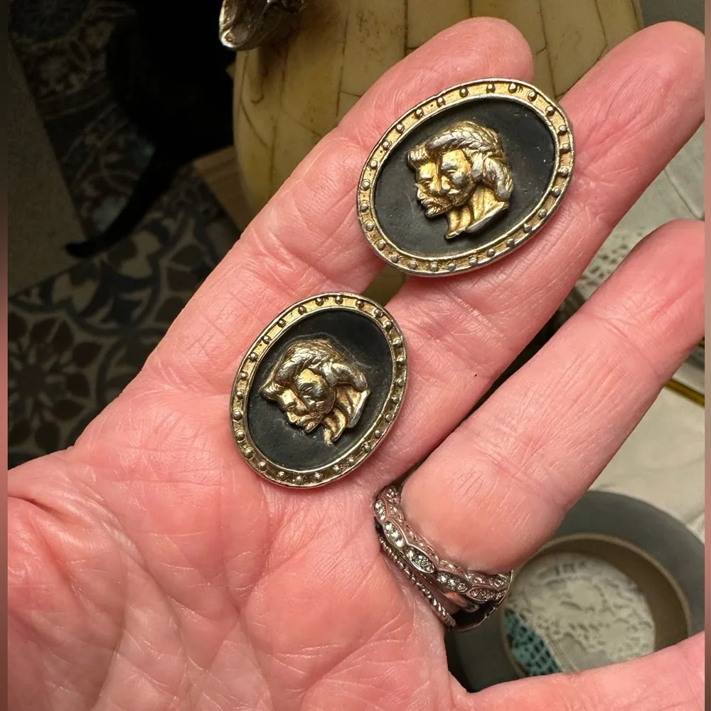 Vintage Cuff Links Gold TONED Black Inlay - Rare